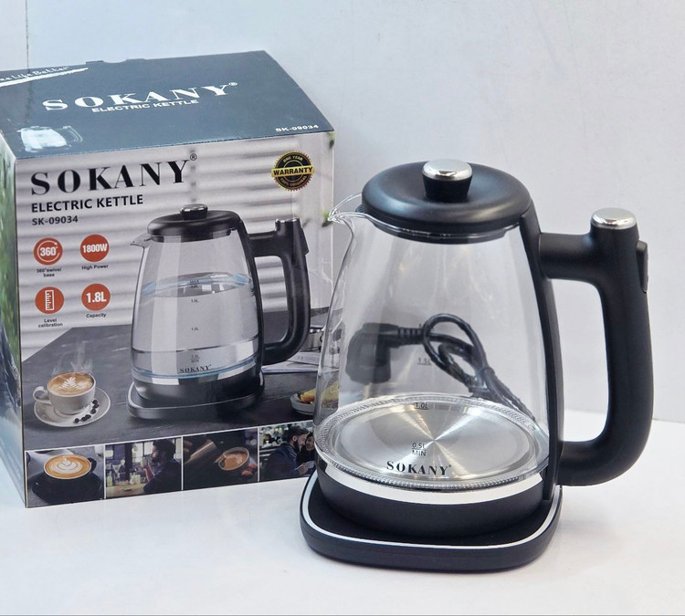کتری برقی مارک SOKANY وارداتی ساخت چین کد ۰۹۰۳۴ دارای LED جنس پیرکس توان ۱۸۰۰ وات ظرفیت ۱/۸ لیتر