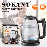 کتری برقی مارک SOKANY وارداتی ساخت چین کد ۰۹۰۳۴ دارای LED جنس پیرکس توان ۱۸۰۰ وات ظرفیت ۱/۸ لیتر