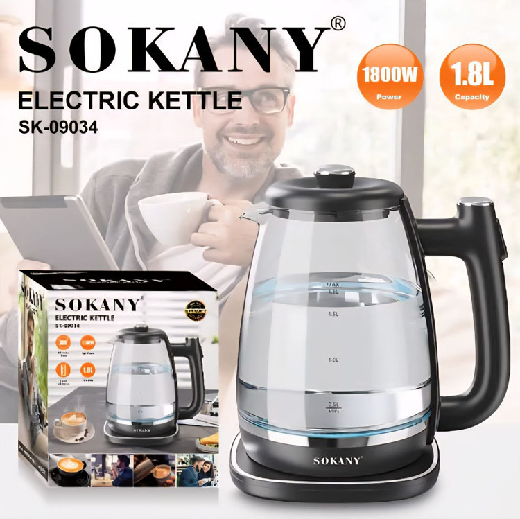 کتری برقی مارک SOKANY وارداتی ساخت چین کد ۰۹۰۳۴ دارای LED جنس پیرکس توان ۱۸۰۰ وات ظرفیت ۱/۸ لیتر