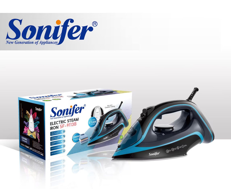 اتو بخار مارک SONIFER وارداتی ساخت چین کد ۹۱۱۳ جنس کف سرامیکی توان ۲۴۰۰ وات