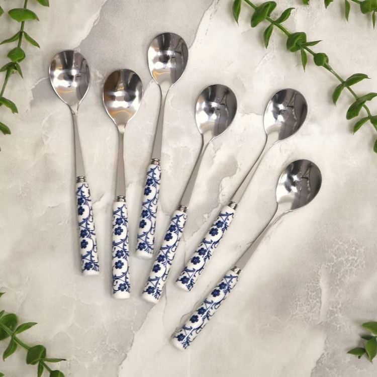 قاشق چای خوری مارک دنی هوم وارداتی ساخت چین طرح گل آبی جنس دسته سرامیک