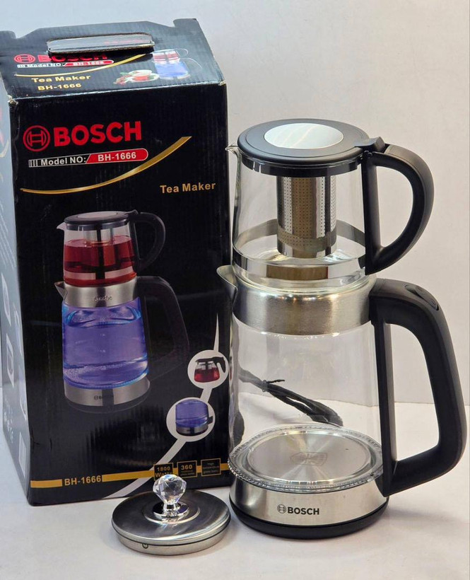 چایساز کتری و قوری برقی مارک BOSCH وارداتی ساخت چین مدل روهمی جنس پیرکس توان ۱۸۰۰ وات