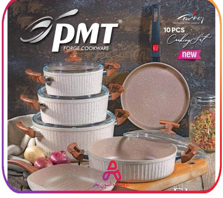 سرویس قابلمه ۱۰ پارچه مارک پی ام تی (اویز) تحت لیسانس ترکیه مدل السا جنس چدن داخل گرانیت شامل قابلمه سایز ۲۰ ،۲۴ ،۲۸ و تابه تکدسته سایز ۲۴ و تابه گریل مربع تکدسته سایز ۲۸ و تابه دو دسته سایز ۲۸