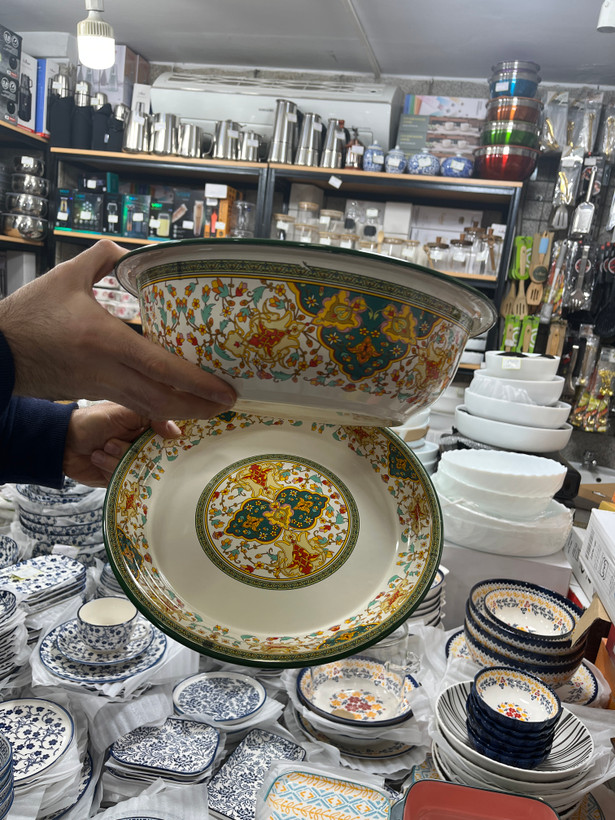 ست کاسه و سینی وارداتی ساخت چین طرح ترمه جنس لعابی سه بار پخت