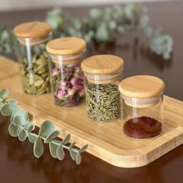 بانکه ادویه پیرکس وارداتی ساخت چین درب بامبو واشر دار مدل دایره ای قطر دهنه ۴/۵ سانت