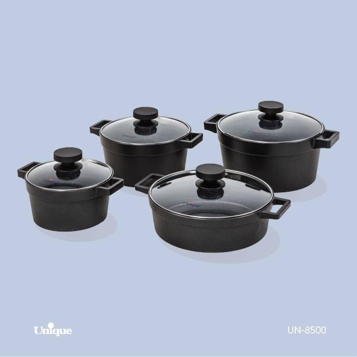 سرویس قابلمه ۸ پارچه چدن داخل گرانیت مارک یونیک اصل شرکتی مدل دیاموند کد UN8500 قابلمه سایز ۲۰ و ۲۴ و ۲۸ و تابه دو دسته سایز ۲۸ درب دار