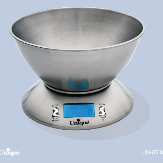 ترازوی آشپزخانه دیجیتالی یونیک اصل شرکتی وارداتی ساخت چین کد UN-6518 مدل کاسه دار جنس استیل حجم ۵ کیلوئی