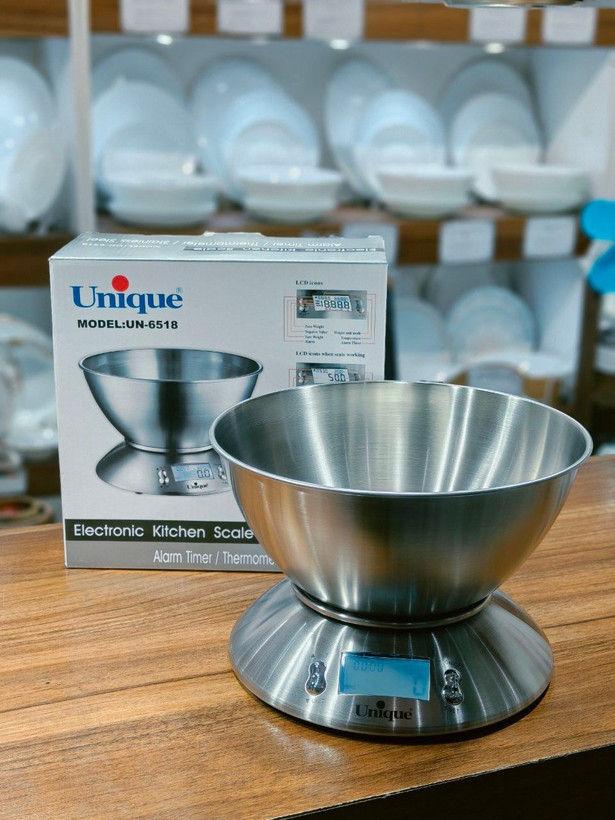 ترازوی آشپزخانه دیجیتالی یونیک اصل شرکتی وارداتی ساخت چین کد UN-6518 مدل کاسه دار جنس استیل حجم ۵ کیلوئی