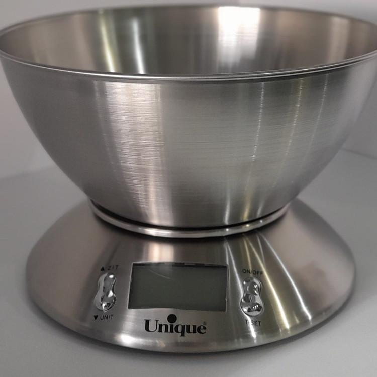 ترازوی آشپزخانه دیجیتالی یونیک اصل شرکتی وارداتی ساخت چین کد UN-6518 مدل کاسه دار جنس استیل حجم ۵ کیلوئی