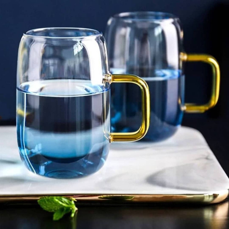 لیوان پیرکس جفتی وارداتی ساخت چین مدل دسته رنگی حجم ۳۰۰ میل