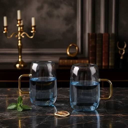 لیوان پیرکس جفتی وارداتی ساخت چین مدل دسته رنگی حجم ۳۰۰ میل