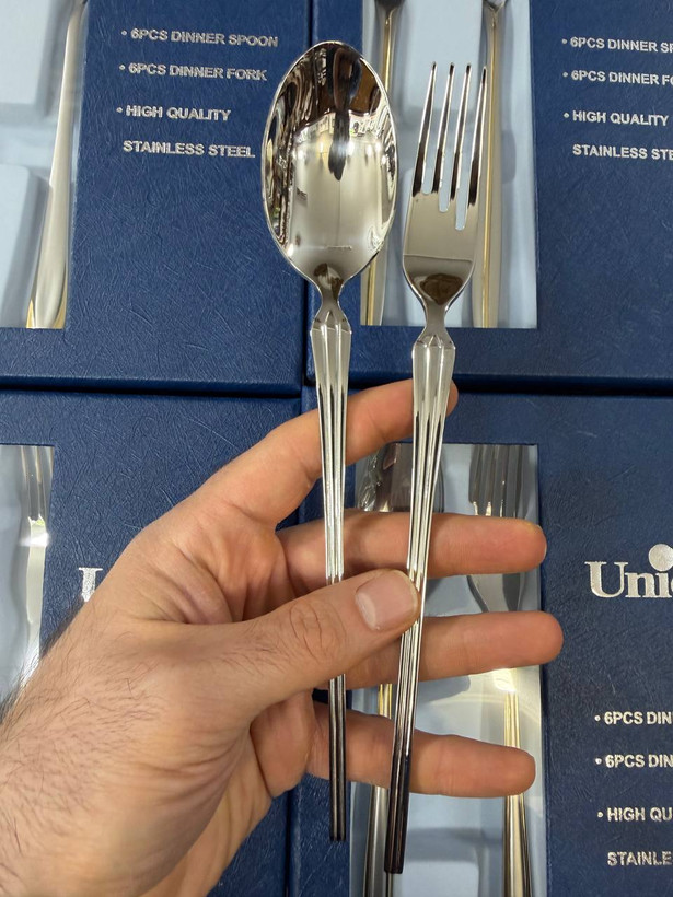 قاشق و چنگال مارک یونیک اصل شرکتی وارداتی ساخت چین جنس استیل درجه یک رنگ سیلور تعداد ۶ عدد