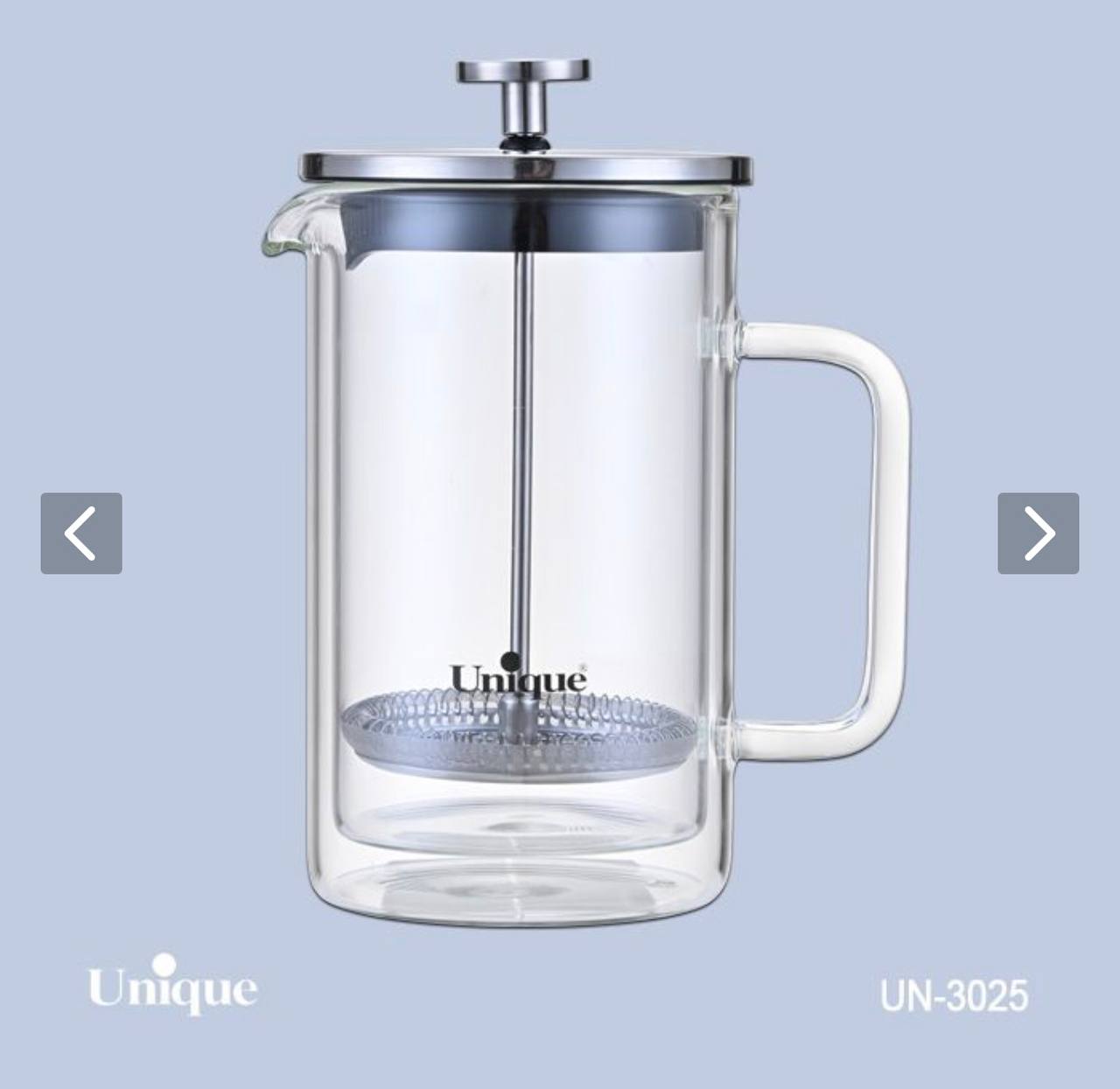 فرنچ پرس مارک یونیک اصلی شرکتی کد UN-3025 وارداتی ساخت چین پیرکس دو جداره بسیار ضخیم و سنگین آنتی شوک حجم ۶۰۰ میل