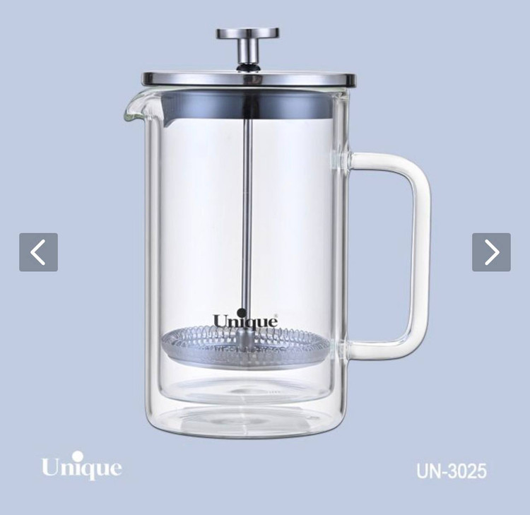 فرنچ پرس مارک یونیک اصلی شرکتی کد UN-3025 وارداتی ساخت چین پیرکس دو جداره بسیار ضخیم و سنگین آنتی شوک حجم ۶۰۰ میل