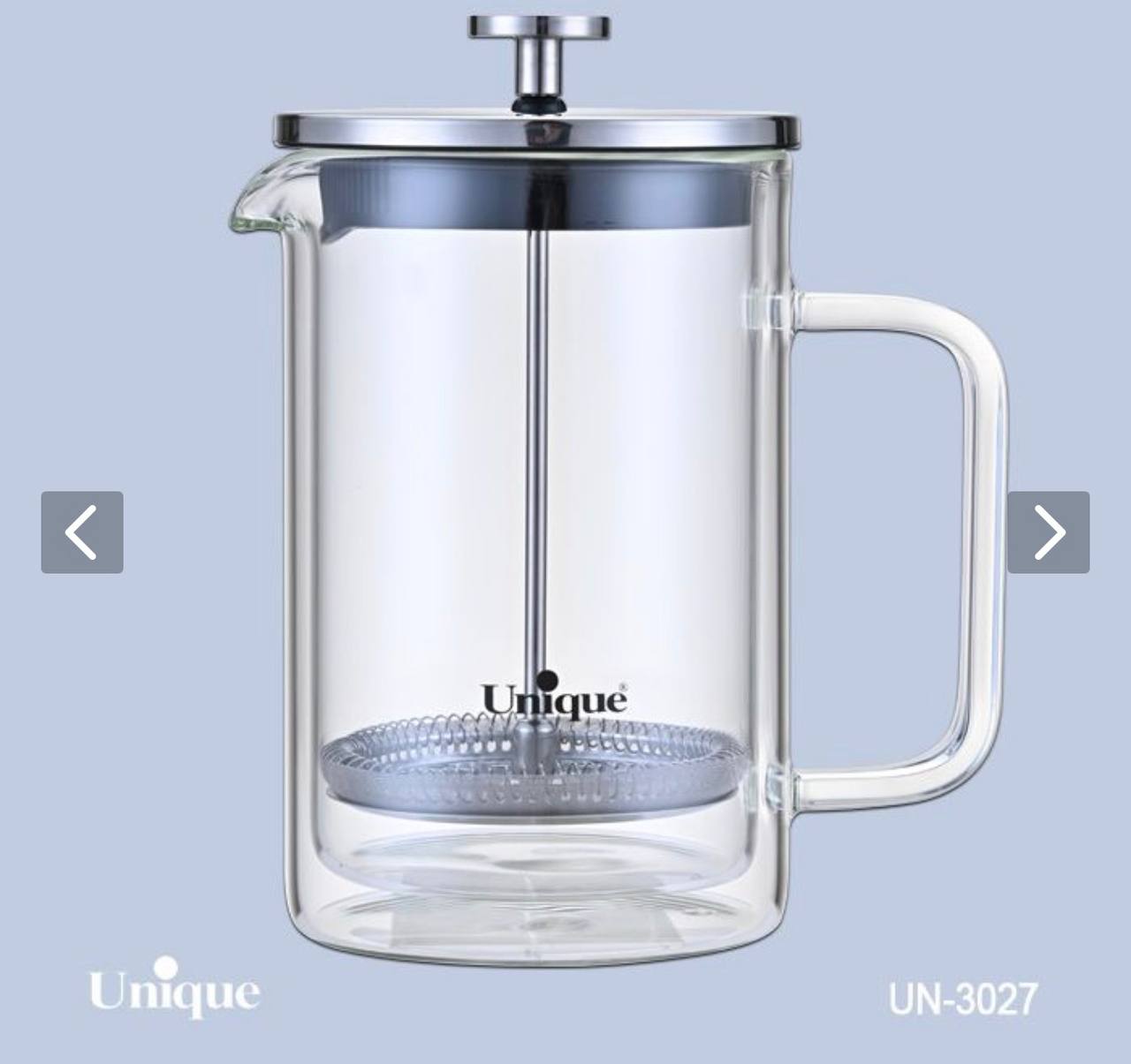 فرنچ پرس مارک یونیک اصلی شرکتی کد UN-۳۰۲۷ وارداتی ساخت چین پیرکس دو جداره بسیار ضخیم و سنگین آنتی شوک حجم ۸۰۰ میل