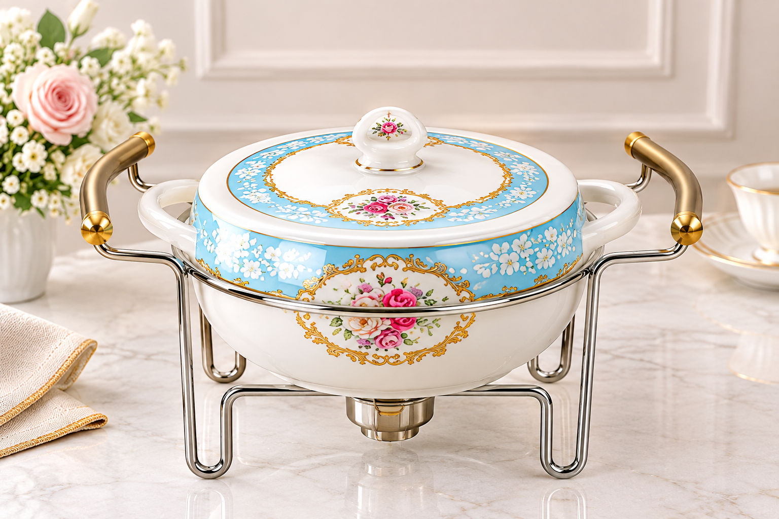 سوفله خوری سوپ خوری چینی مارک BVK وارداتی ساخت چین قطر دهنه ۲۱ و ارتفاع از پایه ۱۵ سانت