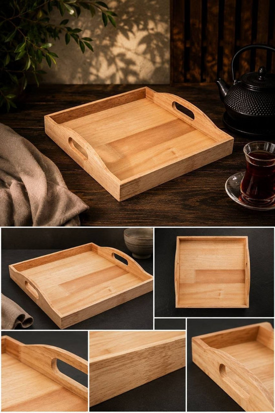 سینی مربع دسته دار چوب رابر کیفیت عالی ساخت ایران طول و عرض ۳۲/۵ سانت